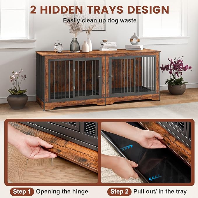 75 Inch 3-in-1 Large Double Dog Crate Furniture for 2 Dogs Durable Rustic Brown Dog Crate TV Stand with Trays and Divider
