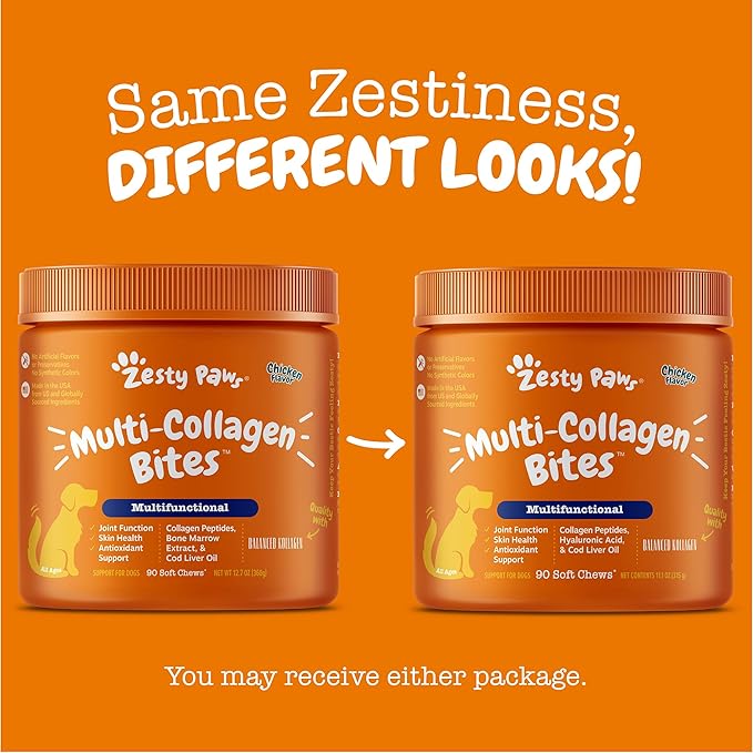 Zesty Paws Multi Collagen Soft Chews for Dogs - for Hip, Joint & Cartilage Support + Skin Health - with Collagen - Plus Eggshell Membrane, Vitamin C & Hyaluronic Acid - 90 Count