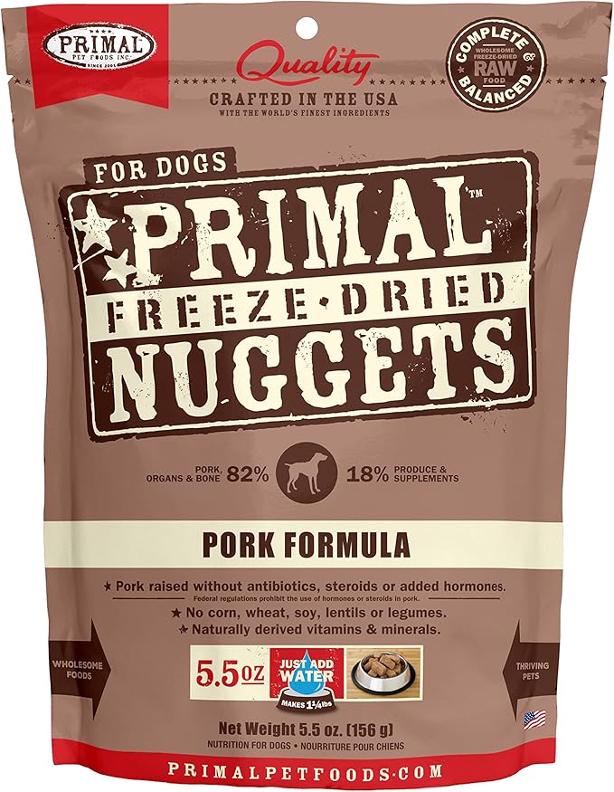 Primal Freeze Dried Dog Food Nuggets, Pork; Complete & Balanced Meal; Also Use as Topper or Treat; Premium, Healthy, Grain Free, High Protein Raw Dog Food, 5.5 oz