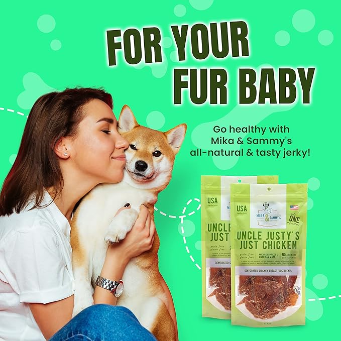 Gourmet Jerky Dog Treats - Natural Dog Treat Chicken Jerky for Dogs, Nutritious and Tasty Dog Jerky Treats Made in USA only, Cage-Free Chicken, No Additives(Mika & Sammy's Unlcle Justy's 5 oz)
