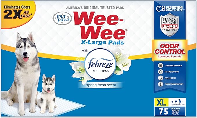 Four Paws Wee-Wee Odor Control with Febreze Freshness Pee Pads for Extra Large Dogs, Leak-Proof Floor Protection Dog & Puppy Quilted Potty Training Pads, Spring Fresh Scent, 28" x 30" (75 Count)