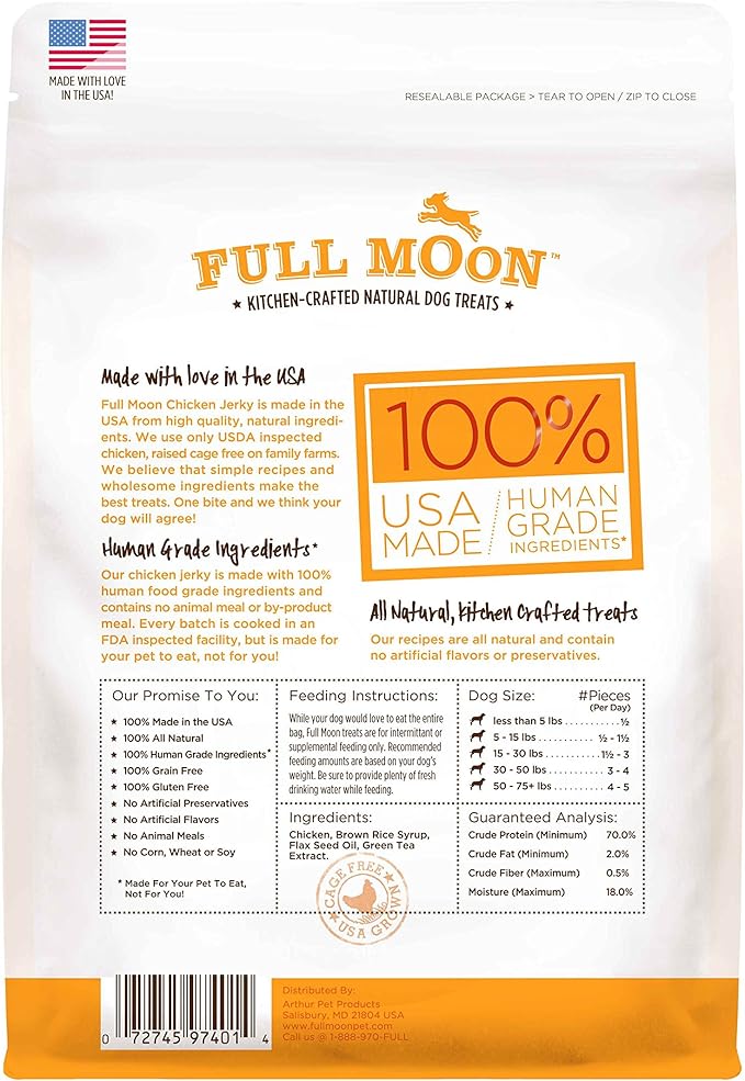 Full Moon All Natural Human Grade Dog Treats, Chicken Jerky, 12.5 Ounce