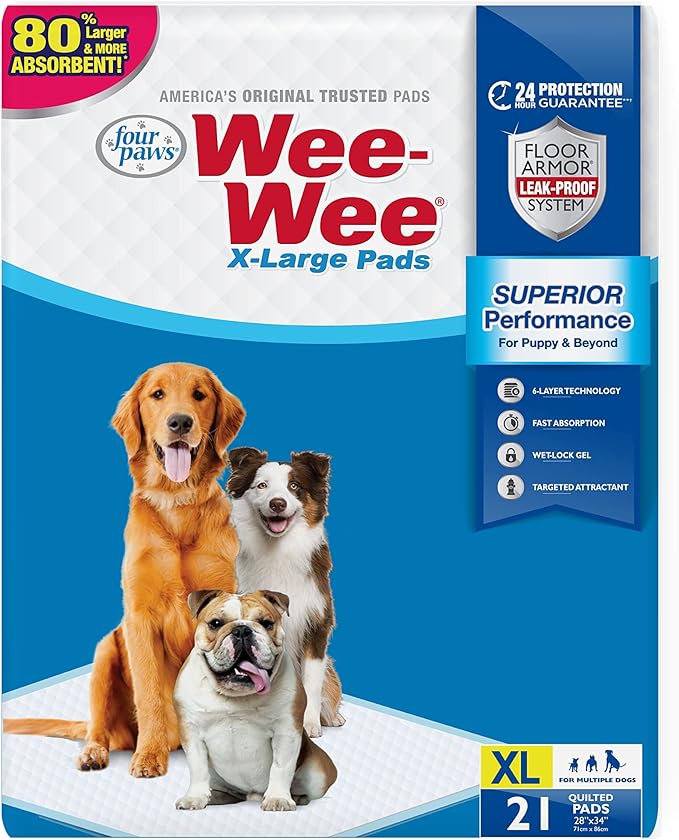 Four Paws Wee-Wee Superior Performance XL Pee Pads for Extra Large Dogs, Leak-Proof Floor Protection Dog & Puppy Quilted Potty Training Pads, Unscented, 28" x 34" (21 Count)