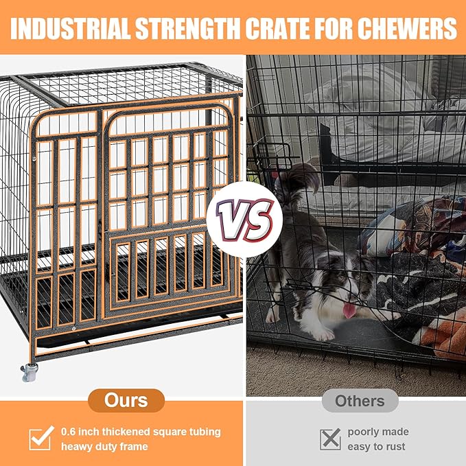 42 inch Large Dog Crate, Heavy Duty Metal Dog Kennel Indoor for Large Breed, Double Door Big Dog Cage, Dog Crate Tray Replacement, Lockable Wheels