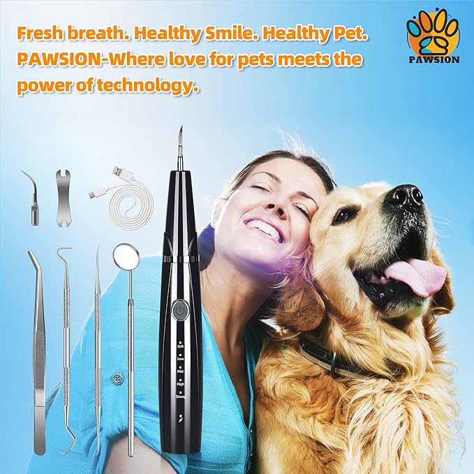 Ultrasonic Dog Plaque and Tartar Remover, Teeth Cleaning Kit for Pets, Rechargeable Dental Scraper for Pets, 5 Modes with 3 Cleaning Heads, with LED Light