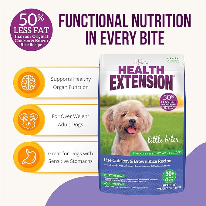 Health Extension Little bites Weight Control Dry Dog Food, Grain-free, Natural Food for Overweight Adult Dogs with added Vitamins & Mineral, Include Lite Chicken & Brown Rice Recipe (15 lbs)