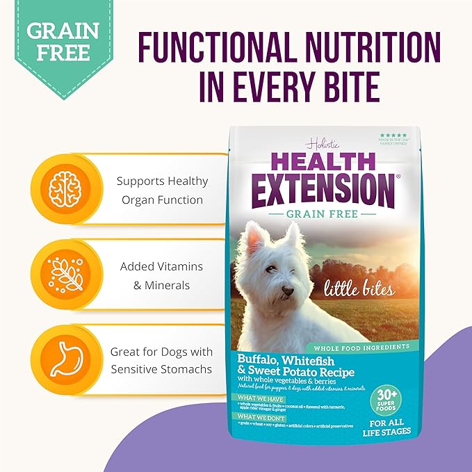 Health Extension Grain Free Little Bites for Dogs, Natural Food with Added Vitamins & Minerals, Perfect for Teacup, Toy & Small Dogs, Buffalo Recipe (3.5lb Bag)