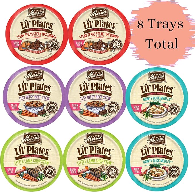 Merrick Lil' Plates Grain Free Wet Dog Food for Small Breeds - 4 Flavor 8 Tray Variety (2) Each: Steak Tips, Beef Stew, Duck Medley & Lamb Chops. Plus Healthy Pets Tip Booklet & Roll of Dog Waste Bags