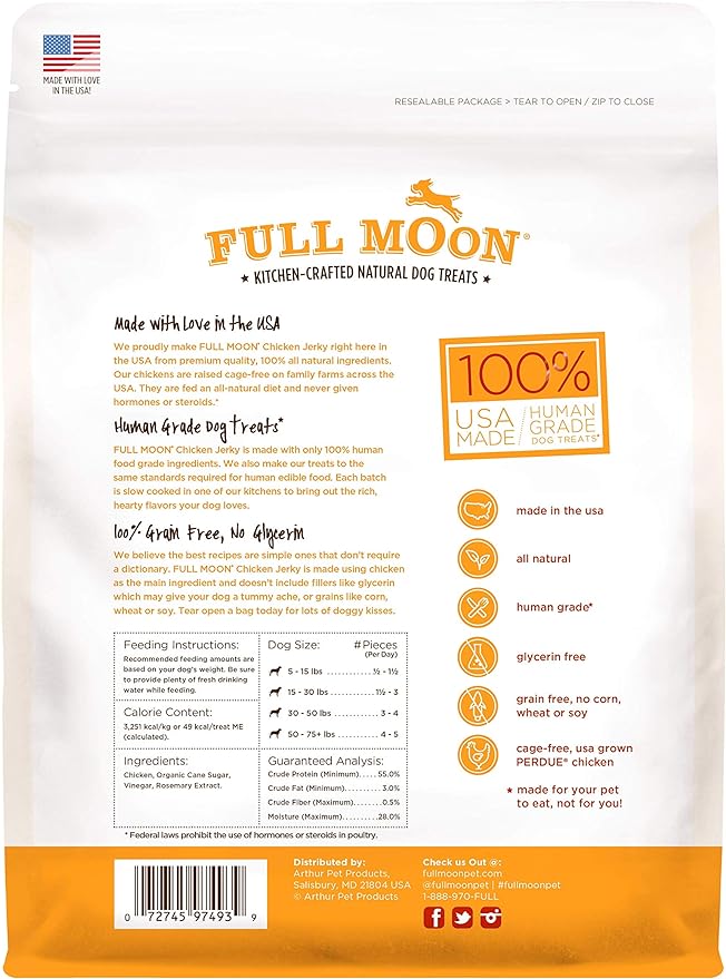 Full Moon Chicken Jerky Healthy All Natural Dog Treats Human Grade Made in USA Grain Free 24 oz
