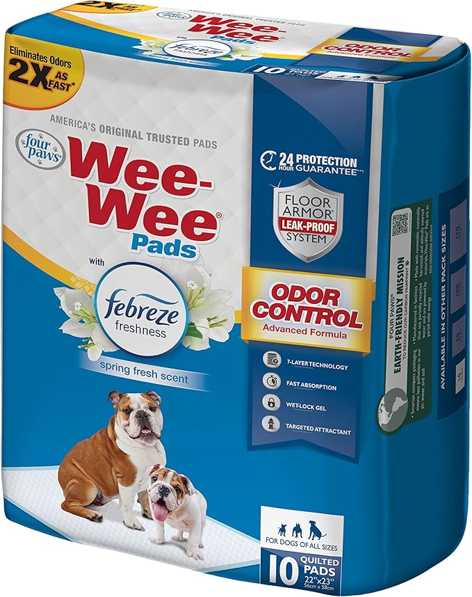 Four Paws Wee-Wee Odor Control with Febreze Freshness Pee Pads for Dogs of All Sizes, Leak-Proof Floor Protection Dog & Puppy Quilted Potty Training Pads, Spring Fresh Scent, 22" x 23" (10 Count)