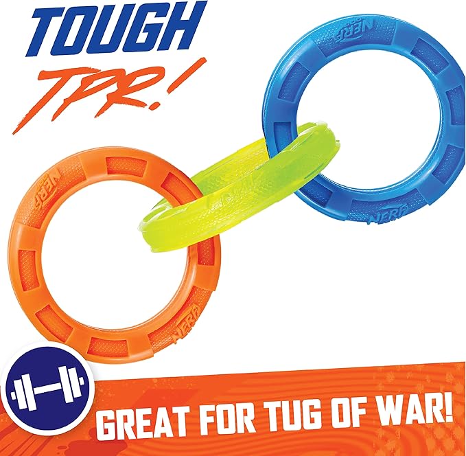Nerf Dog 10.5in Rubber 3-Ring Tug Dog Toy, Lightweight, Durable and Water Resistant, Single Unit, Blue/Green/Orange