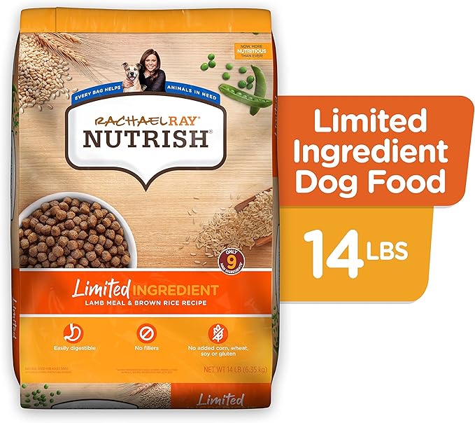 Rachael Ray Nutrish Limited Ingredient Lamb Meal & Brown Rice Recipe, Dry Dog Food, 14 Pound Bag (Packaging Design May Vary)