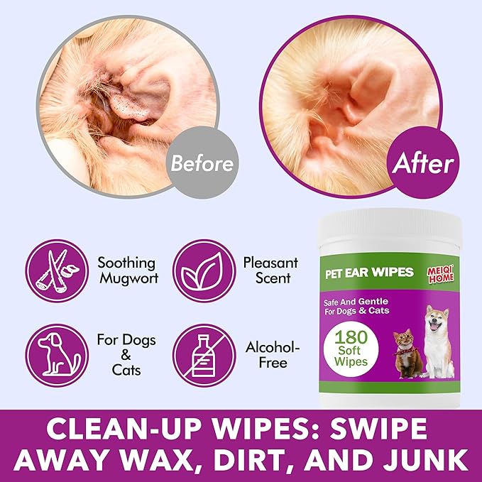 180 Count Dog Ear Cleaner Wipes , Dog Ear Wipes , Gently Remove Ear Wax, Debris - Soothes & Relieves Ear Itching, Fresh Mugwort Scent, All Natural Ingredients,Safe & Gentle Ear Wipes for Dogs & Cats