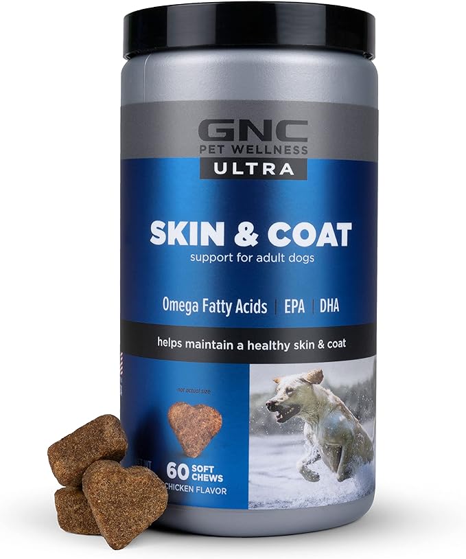 GNC Pets ULTRA Skin & Coat Soft Chews, All Dogs, Chicken Flavor. 60-ct in a 16-oz Canister | Daily Supplement for Skin & Coat for Dogs in Chewable Chicken Flavor