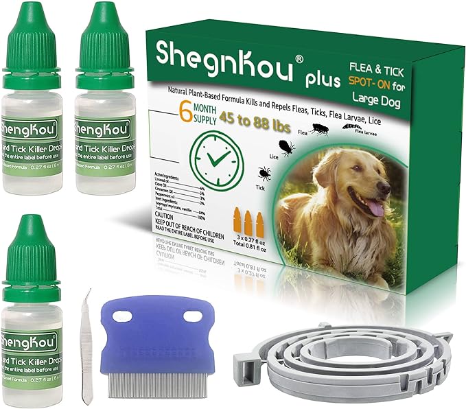 Total Pest Defense: Dog Flea and Tick Prevention Drops, Repels Efficiently, Natural Formula, Comes with Free Flea Collar and Comb, for Dogs 4-44-88 lbs, (6 Month Supply)