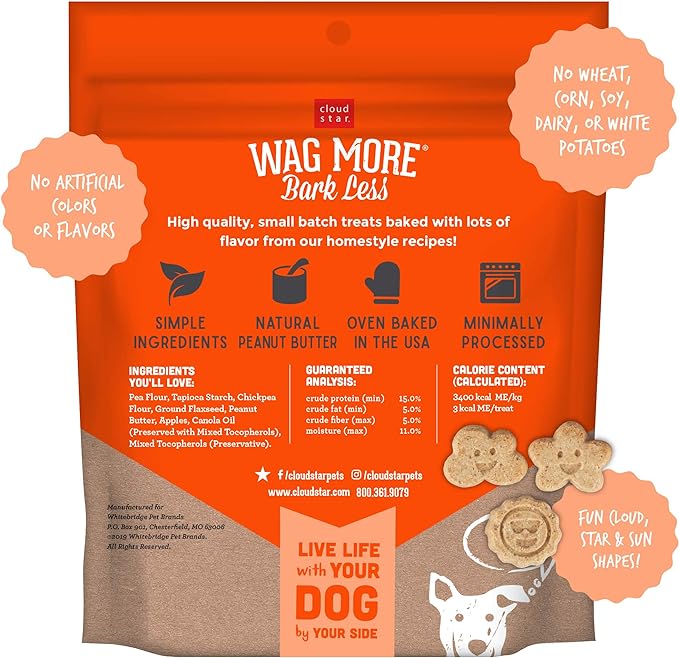 Cloud Star Wag More Bark Less Grain Free Mini Biscuits, Bite Sized Crunchy Dog Treats, 7oz Bag, Peanut Butter & Apples, 7 oz.