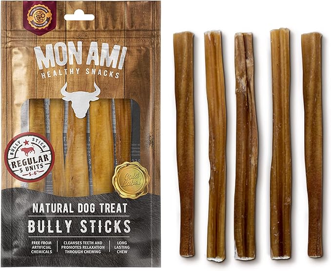 Mon Ami Regular Bully Sticks for Large and Small Dogs (5-6 inches, Pack of 20) - Grass Fed Dog Treats - Bully Sticks Natural Dog Treat