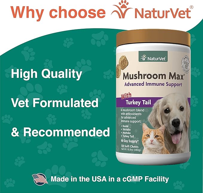 NaturVet Mushroom Max Advanced Immune Support Dog Supplement – Helps Strengthen Immunity, Overall Health for Dogs – Includes Shitake Mushrooms, Reishi, Turkey Tail – 120 Ct.