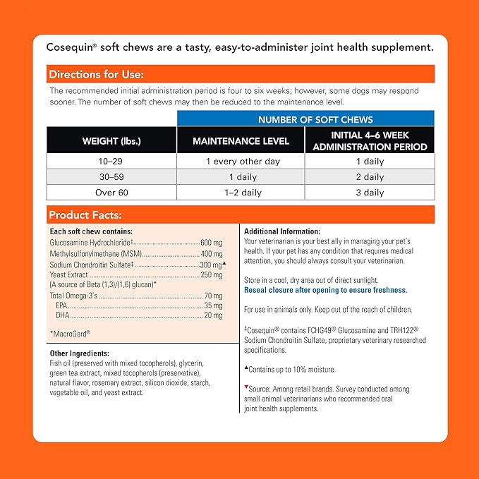 Cosequin Senior Joint Health Supplement for Senior Dogs - With Glucosamine, Chondroitin, Omega-3 for Skin and Coat Health and Beta Glucans for Immune Support, 60 Soft Chews