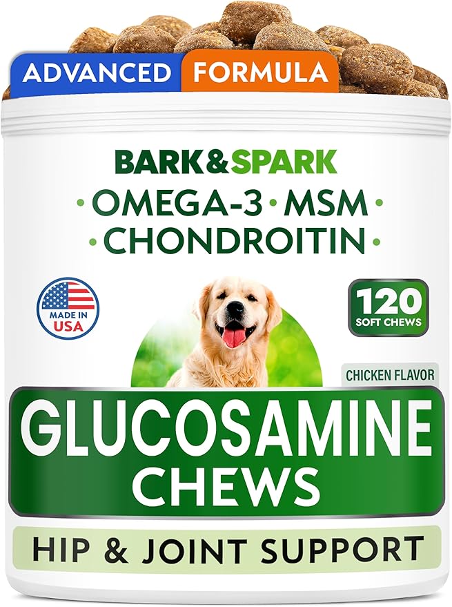 Bark&Spark Glucosamine Chondroitin Dog Hip & Joint Supplement - Joint Pain Relief - Hip & Joint Chews - Joint Support Large Small Breed - Senior Doggie Vitamin Pill Joint Health (120 Treats - Chicken)