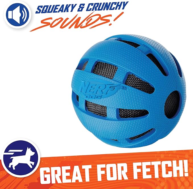 Nerf Dog Crunch and Squeak Rubber Ball Dog Toy, Single, Medium/Large, Blue