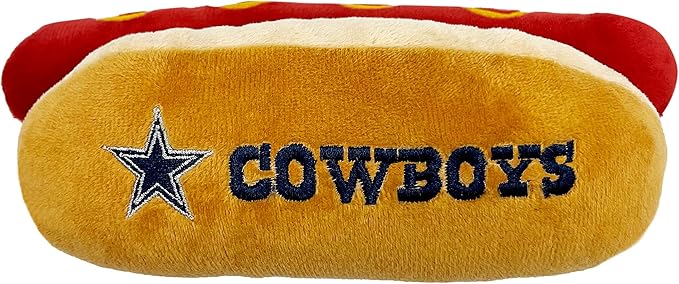 Pets First NFL Dallas Cowboys HOT Dog Plush Dog & CAT Squeak Toy - Cutest HOT-Dog Snack Plush Toy for Dogs & Cats with Inner Squeaker & Beautiful Football Team Name/Logo, 8 x 5 x 3 Inches