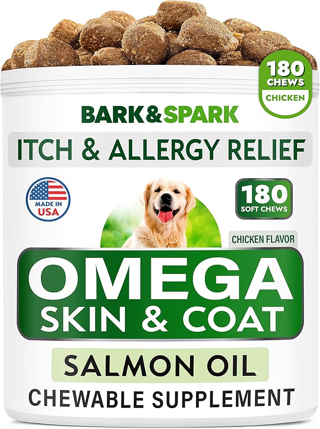 Omega 3 Dog Treats - 180 Fish Oil Chews for Shedding, Allergies, Itch Relief, Hot Spots - Joint Support - Skin & Coat - EPA & DHA - Natural Salmon Oil