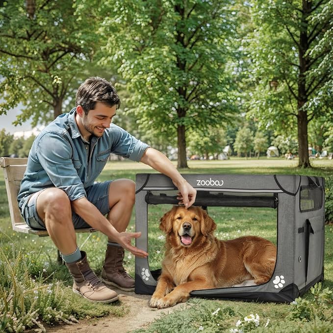36" Portable Soft Dog Crate for Large Dogs - Collapsible Travel Kennel with Carry Bag, Foldable Cage with Durable Textilene Mesh Door, Plush Bed - Ideal for Home or Travel - Charcoal Gray