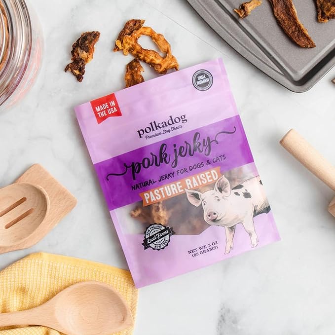 Polkadog Single Ingredient Pork Jerky Dog Treats, 3oz - Pasture-Raised from New England Farms, Additive Free Healthy Dog Treat - Handcrafted, Slow Dehydrated for Sustainably Delicious Dog Jerky