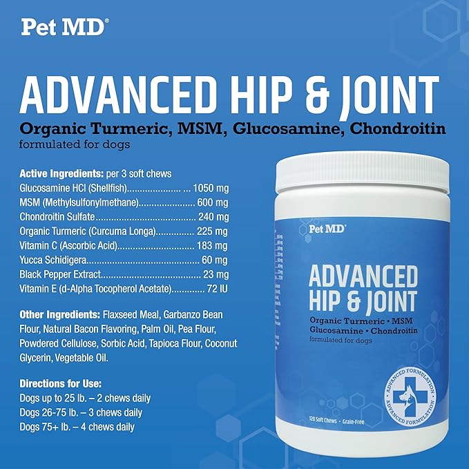 Pet MD Glucosamine for Dogs | Dog Joint Supplement with Glucosamine, Chondroitin & MSM - Inflammatory Pain Relief Chews for Hip & Joints - Bacon Flavored - includes Yucca & Turmeric - 120 Ct