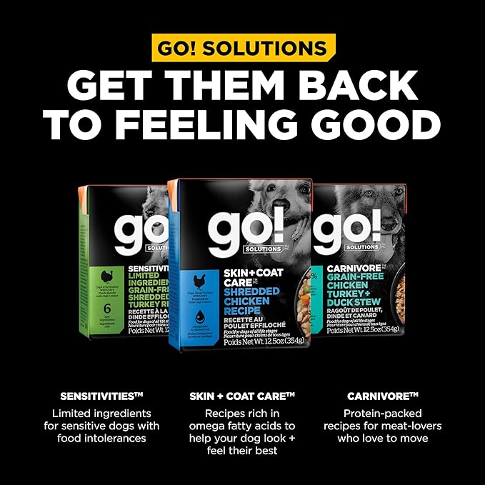 GO! SOLUTIONS Skin + Coat Care Wet Dog Food - Shredded Chicken Recipe with Grains - Complete & Balanced Nutrition for All Life Stages, 12.5 oz