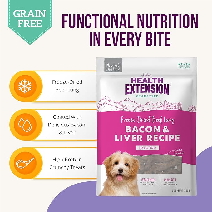 Health Extension Freeze Dried Dog Treat, Gluten & Grain-free, Puppy Training Treats, Bacon and Liver (5 Oz / 142 g)