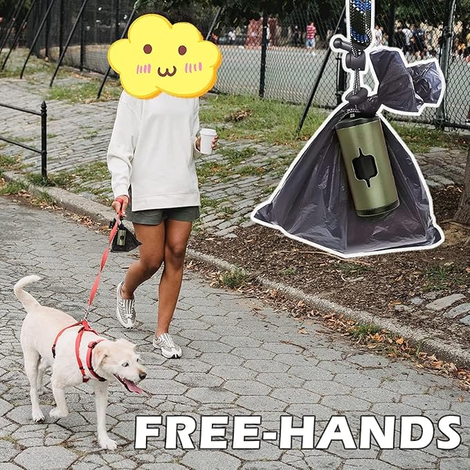 Metal Dog Poop Bags Holder Aluminum Poo Bags Dispenser with 15 Black Unscented Pet Waste Bags and 3 Leash Accessories for Dog Walking(1 Holder 15 Bags,Dark Green)