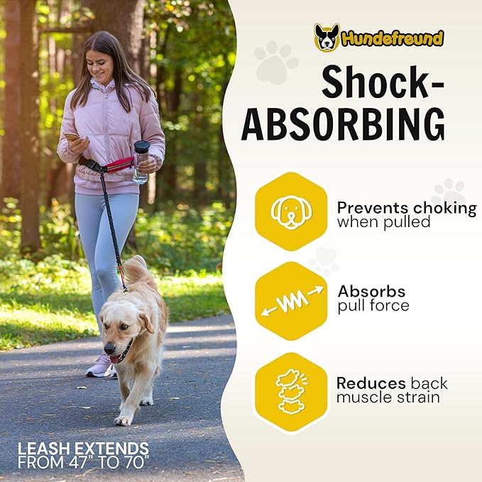 Hands Free Dog Leash for Running Walking Hiking for Medium and Large Dogs (30-150 lbs) with Adjustable Waist Belt, Zipper Pouch, Reflective Retractable Bungee, Dual Handles Red