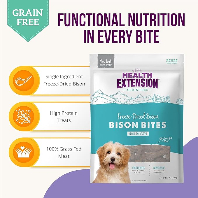 Health Extension 100% Pure Bison Bite Treats for Dogs-Single Ingredient, Grain-Free, High-Protein Snacks for All Breeds & Ages-Dried Bison(4.5Oz/127g)