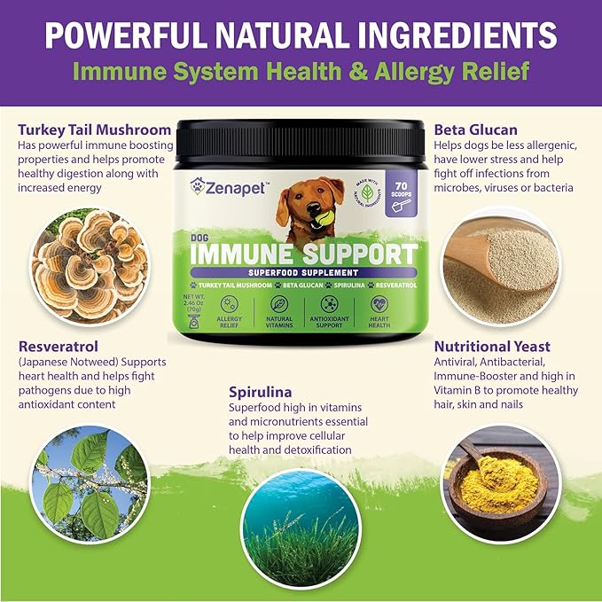 ZENAPET Allergy Immune Support Supplement for Dogs, Superfood 100% Human-Grade with Turkey Tail Mushroom, Prebiotics for Gut Health, Itchy Skin, Seasonal Allergies & Yeast - for Small to Large Breeds