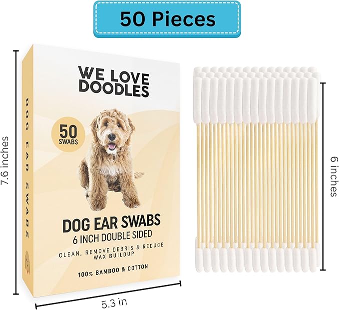 We Love Doodles Long Cotton Dog Ear Swabs | Double Sided Qtips for Dogs | Large Wooden Cleaner Balls Tool | Q Tips Swab to Flush Puppy Ears | Clean Wood Buds for Pet Ears | Wipes Solution Q-Tips