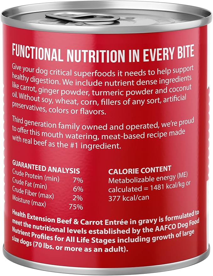 Health Extension Gravy Dog Food, Beef & Carrot Entrée, Crude Protein, Fiber & Fat with Added Vitamins, for All Life Stages, Wet Dog Food, Improve Gut Health, Digestive Support (9 Ounce, 12 Cans)