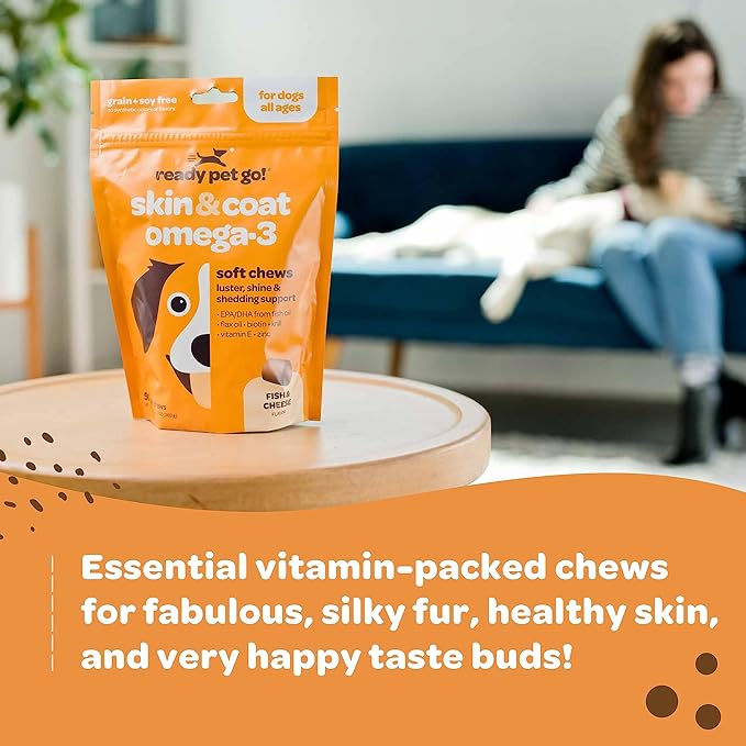 Healthy Dog Skin and Coat Supplement | Nourishing Omega 3 Fish Oil for Dogs Skin and Coat Plus Heart and Joint Support with EPA DHA & Vitamin E | Mange Allergy & Itchy Skin Relief for Dogs | 90 Chews