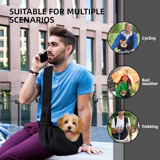Dog Carrier Sling - Reversible Puppy Carrier Purse with Storage Pocket, Hand-Free Dog Sling Carrier for Carry Small Dogs and Cats,Travel Safety Harness, Dog and cat Harness (Black)