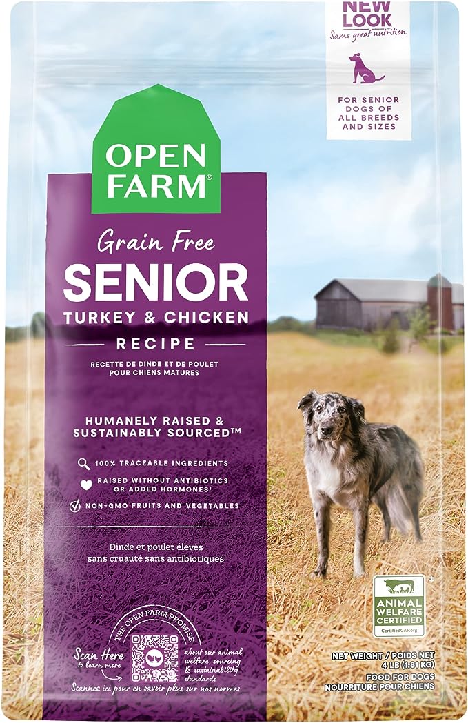 Open Farm Senior Grain-Free Dry Dog Food, Certified Humane Poultry Recipe for Older Dogs with Non-GMO Superfoods and No Artificial Flavors or Preservatives, 4 lbs