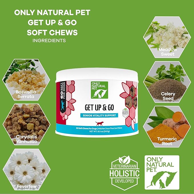 Only Natural Pet Get Up & Go Herbal Joint Support Supplement for Dogs - Holistically Formulated with Corydalis & Turmeric Hip & Joint Daily Vitamin for Senior Dog - Bacon Flavor - 60 Soft Chews