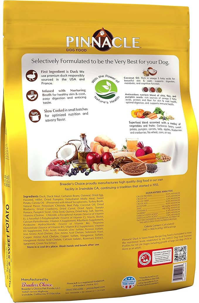 pinnacle pet Duck & Sweet Potato Dry Dog Food 22 lb, Infused with Broth