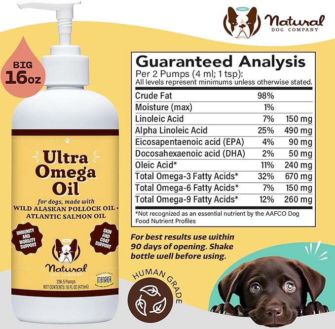 Natural Dog Ultra Omega 3 Fish Oil for Dogs 16oz, Dog Fish Oil Supplement for Shedding, Itch Relief, Supports Dry Skin, Joints, Omega 6 & 9 Fish Oil Dogs, Flax, Pollock, Salmon Oil for Dogs