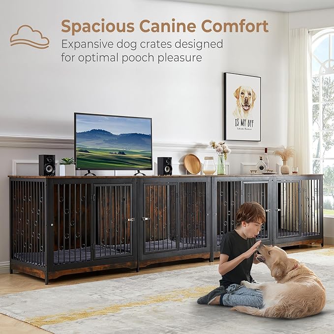 70.86'' Dog Crate Furniture Large Breed TV Stand with Cushion & Double Rooms,Wooden Dog Kennel Dog Crate End Table with Removable Divider for Large Medium Dogs, Brown