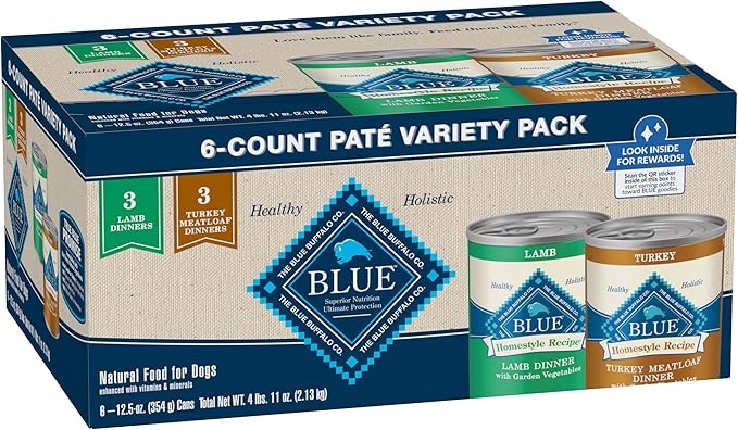 Blue Buffalo Homestyle Recipe Adult Wet Dog Food, Lamb & Turkey Variety Pack, 12.5oz cans (Pack of 6)