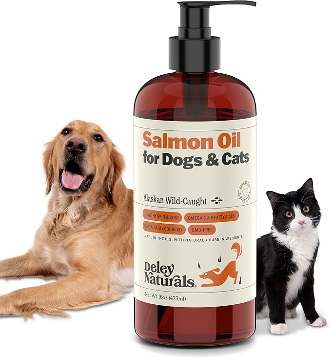 Deley Naturals Premium Alaskan Wild Caught Salmon Oil for Dogs and Cats - Omega-3 Rich Fish Oil Supplement for Healthy Skin, Coat, and Joints - All-Natural, Sustainably Sourced - 16 Oz