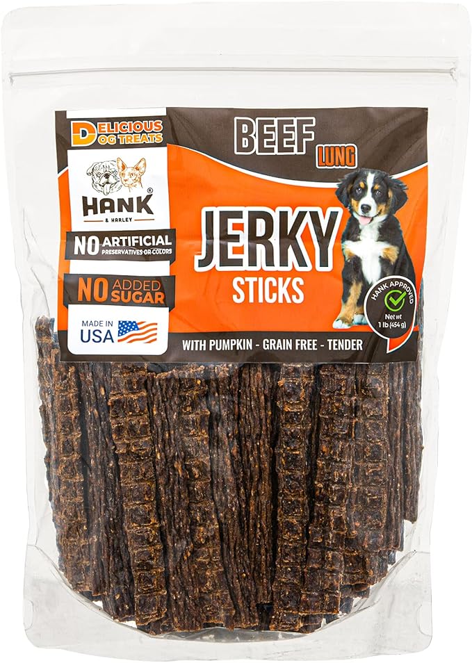 Hank & Harley Jerky Sticks Beef Lung 1 lb - USA Lean Protein Soft Dog Treats with Pumpkin. 100% Natural, NO Added Sugar, Flour or fillers. Ideal for finicky Pets