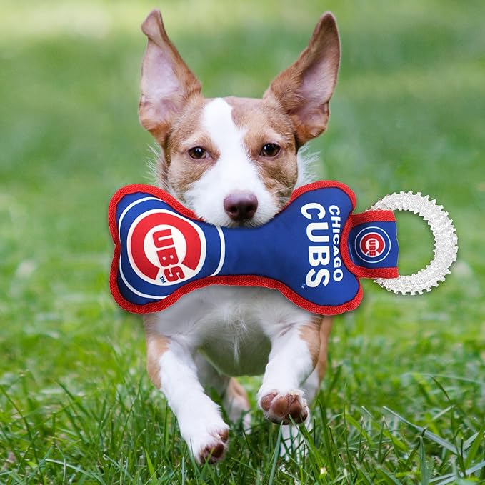 MLB Chicago Cubs Bone Shaped Dental Dog TUG Toy with Squeaker. Tough PET Toy for Healthy Fun, Teething, and Cleaning pet's Teeth and Gum.