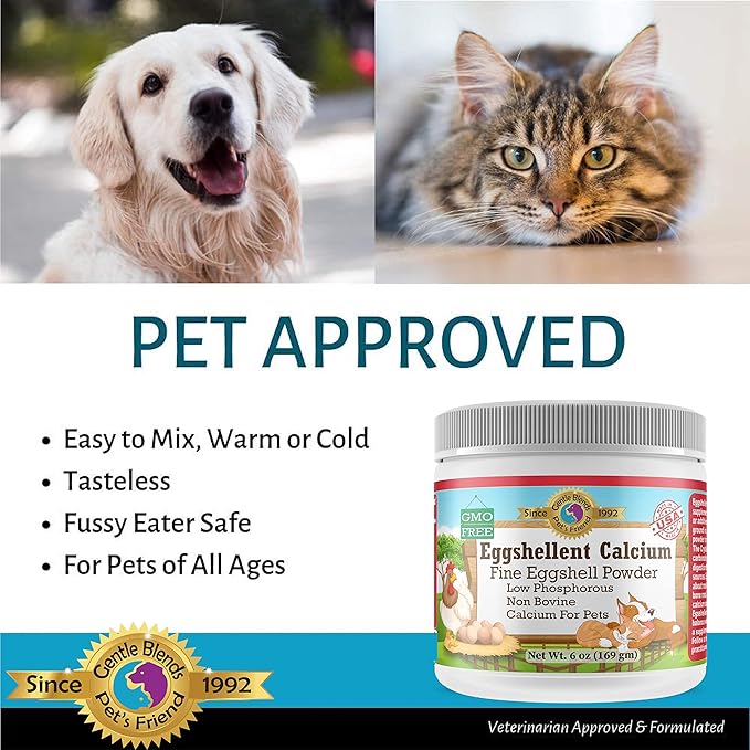 Pet's Friend Eggshellent Calcium 6 oz - Fine Eggshell Powder Calcium Supplement for Dogs and Cats, Low Phosphorous Non-Bovine Ingredients, Nourish Muscles, Joints, and Bones, Tasty Food Additive